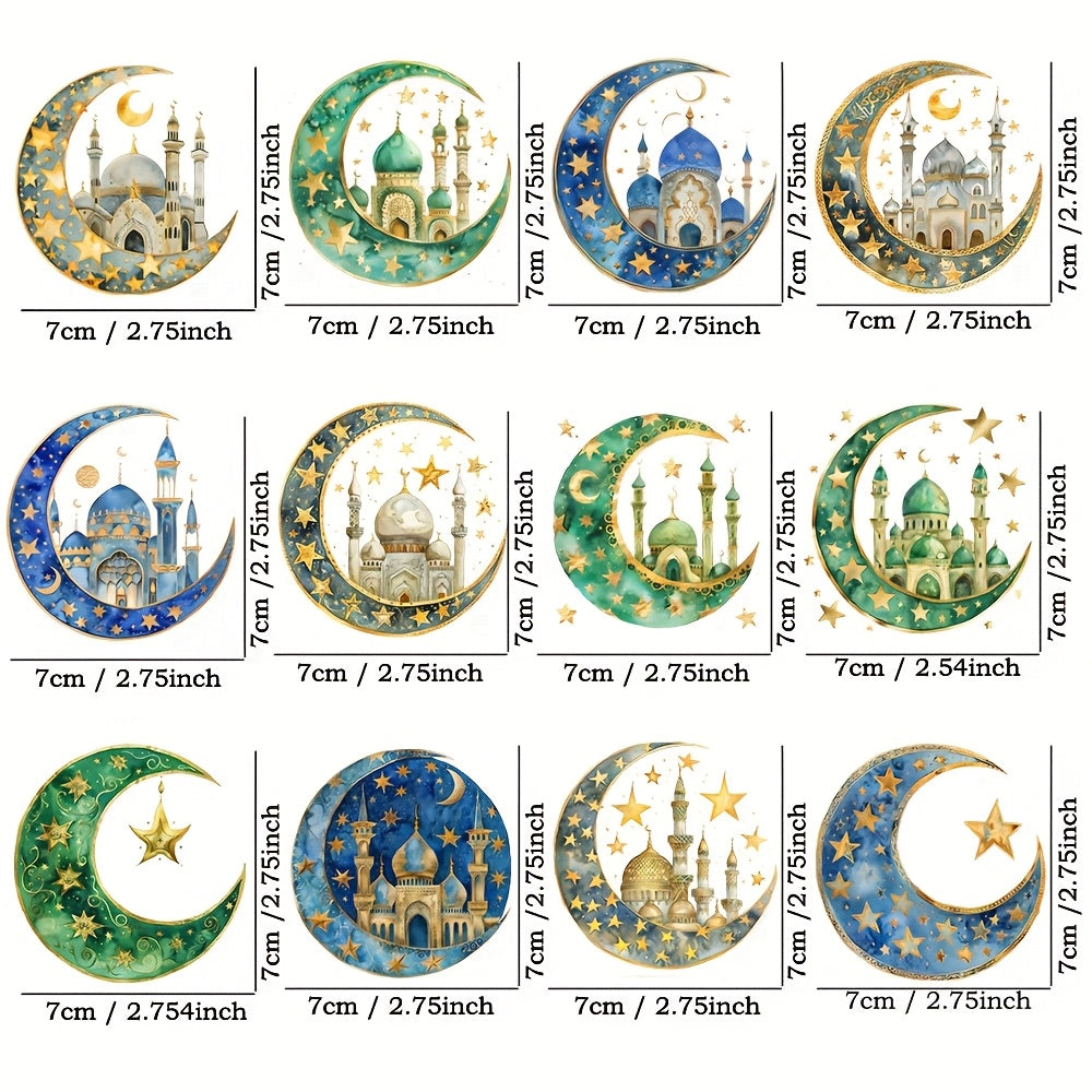 [12pcs Ramadan Moon Themed Decals] 12pcs Ramadan Moon Themed UV DTF Self-Adhesive Decals, High-Quality Waterproof Plastic Decorative Designs, for Glassware, Mugs, Laptops, and Refrigerators