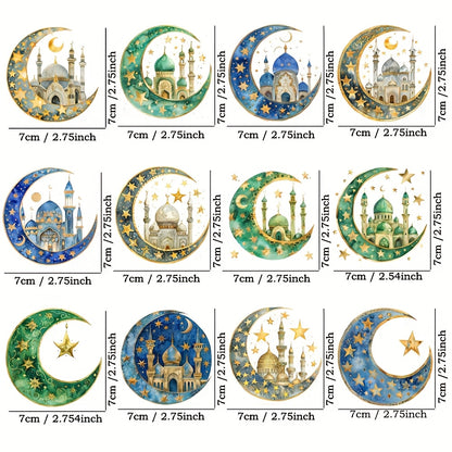 [12pcs Ramadan Moon Themed Decals] 12pcs Ramadan Moon Themed UV DTF Self-Adhesive Decals, High-Quality Waterproof Plastic Decorative Designs, for Glassware, Mugs, Laptops, and Refrigerators