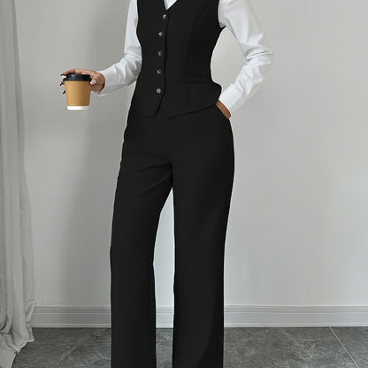 Women’s Sleeveless Cinched-Waist Vest & High-Waisted Wide-Leg Pants Set – Elegant Solid-Color Summer Two-Piece Outfit