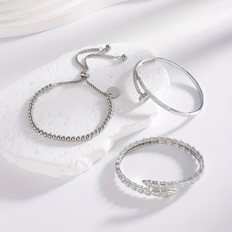 Exquisite Luxury Women'S Jewelry Set of 3, Elegant Style with Copper Plated Golden Inlaid Synthetic Zirconia Design Featuring Snake-Shaped Open Bracelet, Nail-Shaped Bracelet, and Round Bead Bracelet Suitable for Daily Wear a