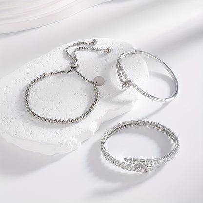 Exquisite Luxury Women'S Jewelry Set of 3, Elegant Style with Copper Plated Golden Inlaid Synthetic Zirconia Design Featuring Snake-Shaped Open Bracelet, Nail-Shaped Bracelet, and Round Bead Bracelet Suitable for Daily Wear a
