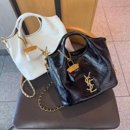 Women’s 2026  Luxury Chain-Link Convertible Handbag – Magnetic Closure Second-Layer Leather Tote with Polyester Lining, 10+ Styling Options (White/Black)