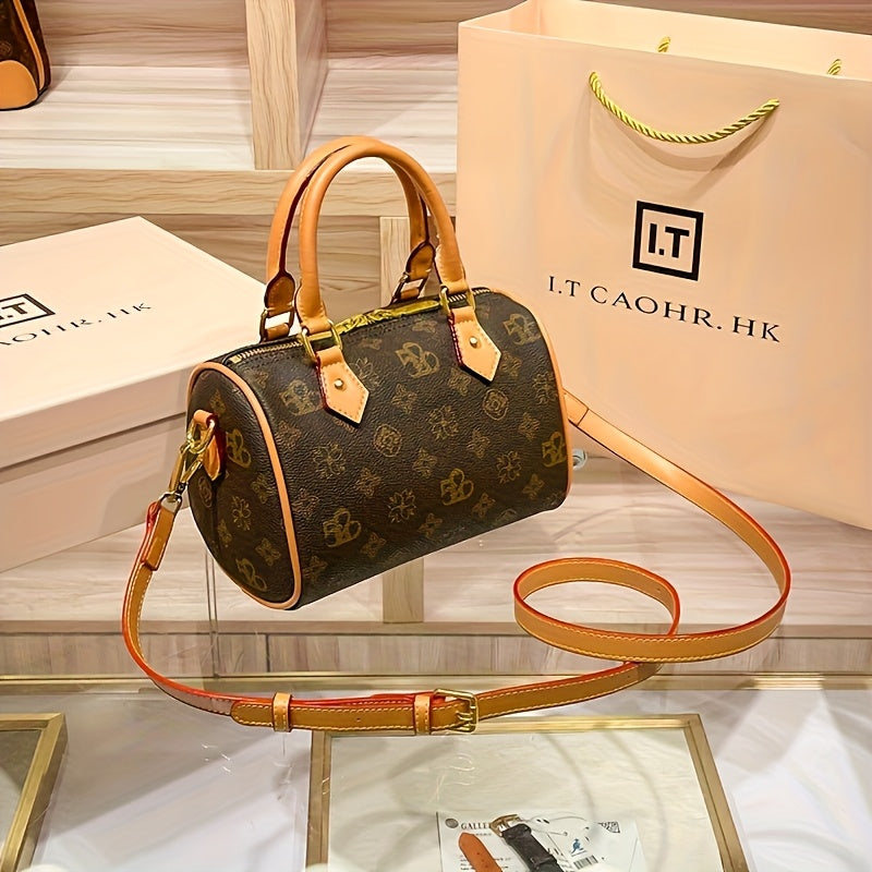 2026 Women’s Retro Mini Crossbody Bag – Coffee Brown Purse with Detachable Strap, Golden-Tone Hardware & String Pattern, Zipper Closure