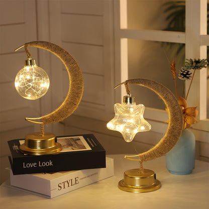 1pc LED Ironwork Rope Star Moon Lamp | Christmas, New Year, Ramadan Lighting, Warm Light, No Battery, Suitable for Holiday Parties, Home Bedroom Desk Lamp Ambience Decoration