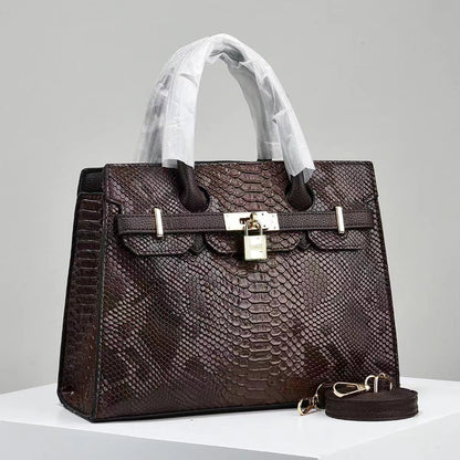 Women’s Luxury Snake-Texture Beige Handbag – Large-Capacity Tote with Golden-Tone Hardware, Lock Closure & Detachable Strap, Designer-Inspired Crossbody Purse (Brown/Copper)