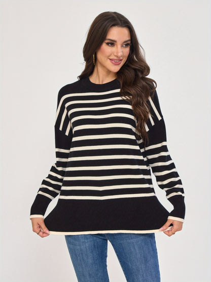 سترة نسائية شتوية دافئة مخططة - بلوزة محبوكة بأكمام طويلة ورقبة دائرية باللونين الأسود والأبيض، سترة أنيقة قابلة للتمدد مع الجينز والسراويل الضيقة