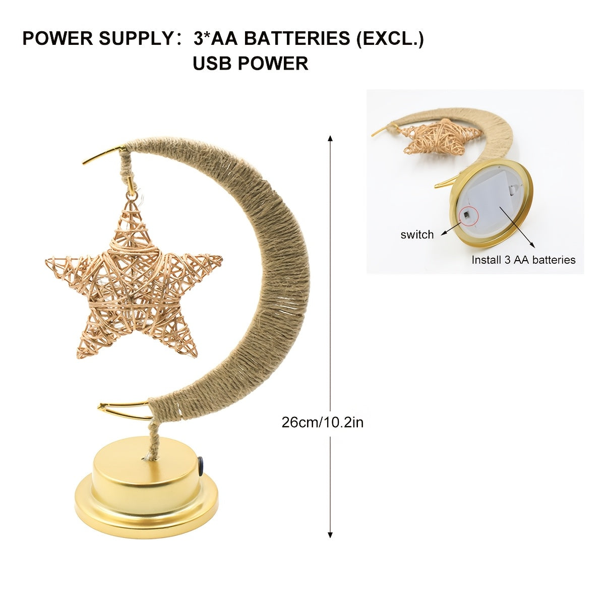 1pc LED Iron Art Hemp Rope Star and Moon Lamp Suitable for Festive Parties, Home Bedroom Table Light Atmosphere Modeling, Christmas, New Year, Eid al-Fitr and Ramadan Decoration Lighting (without Battery, Warm Light)