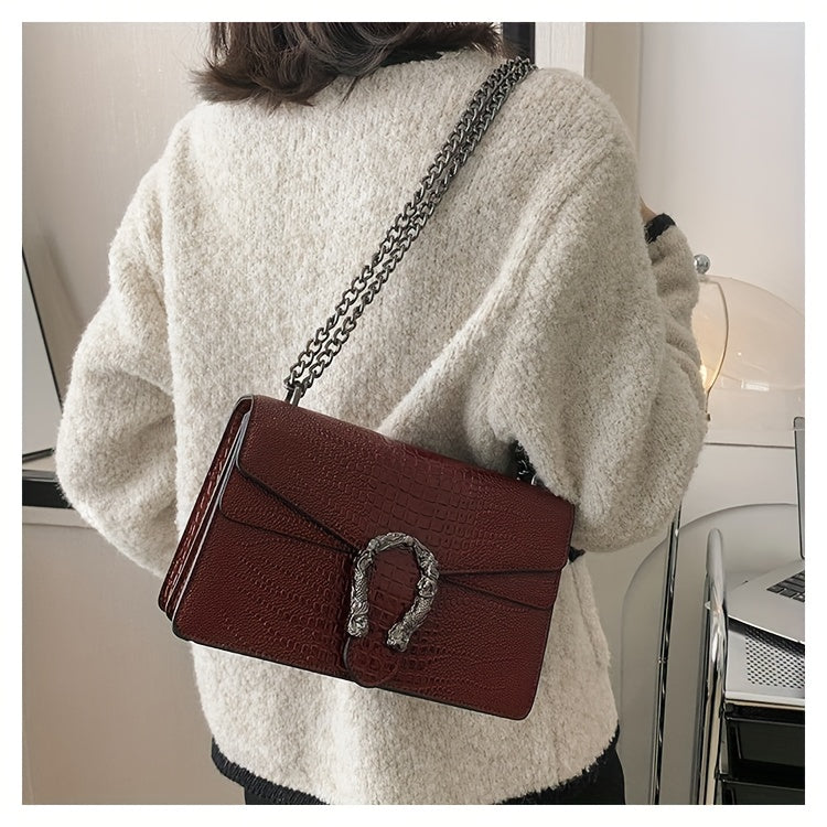 Women’s Luxury Crocodile-Embossed Crossbody Bag – Vintage Faux Leather Shoulder Purse with Adjustable Chain Strap, Zipper & Snap Closure, G-Style Design