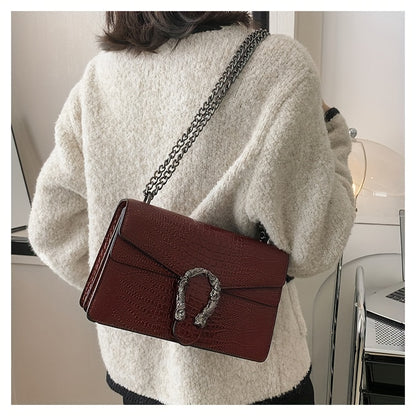 Women’s Luxury Crocodile-Embossed Crossbody Bag – Vintage Faux Leather Shoulder Purse with Adjustable Chain Strap, Zipper & Snap Closure, G-Style Design