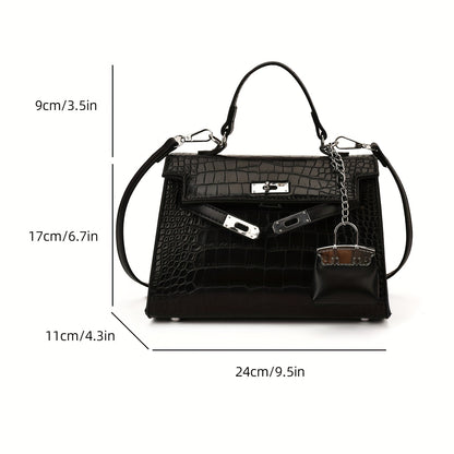 Women’s Luxury Alligator-Texture Handbag – Adjustable Crossbody Strap, Golden-Tone Hardware, Turn-Lock Closure & Reinforced Top Handle, European Collection (Deep Brown/White/Black)