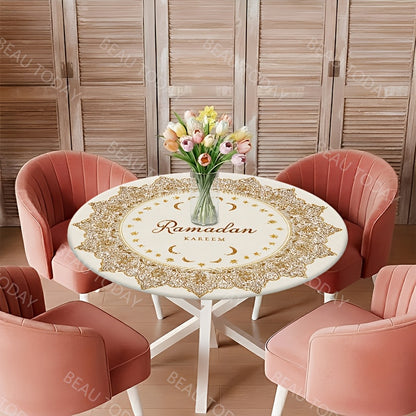 قطعة واحدة، مفرش طاولة دائري مطاطي من البوليستر، بإطار هندسي ذهبي، مناسب لرمضان كريم، ديكور عيد مبارك، مفرش طاولة خارجي مناسب للمنازل الريفية، المطاعم والمطابخ، زينة رمضان مبارك وعيد الفطر، ديكور منزلي