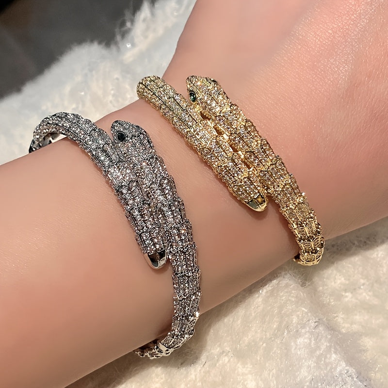 1pc Fashion Luxurious Synthetic Synthetic Zircon Snake-shaped Opening Bracelet for Men Women Iced out Bling Jewelry Animal Snake Bangle Intricate Detailing Design Suitable for Daily Matching