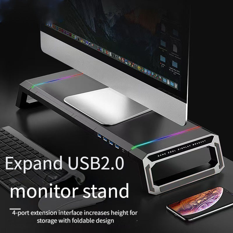 حامل شاشة مزود بأربعة منافذ USB 2.0، وحامل شاشة كمبيوتر بإضاءة RGB مع حامل للهاتف المحمول ودرج تخزين، وحامل شاشة تخزين مكتبي لأجهزة الكمبيوتر الشخصية والمحمولة وأجهزة iMac