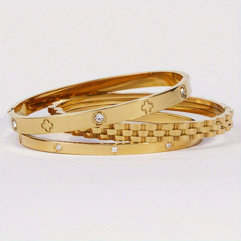 3-Piece Gold-Plated Stainless Steel Bracelet Set – Elegant Chain & Clover Designs for Parties, Festivals, Weddings & Special Gifts