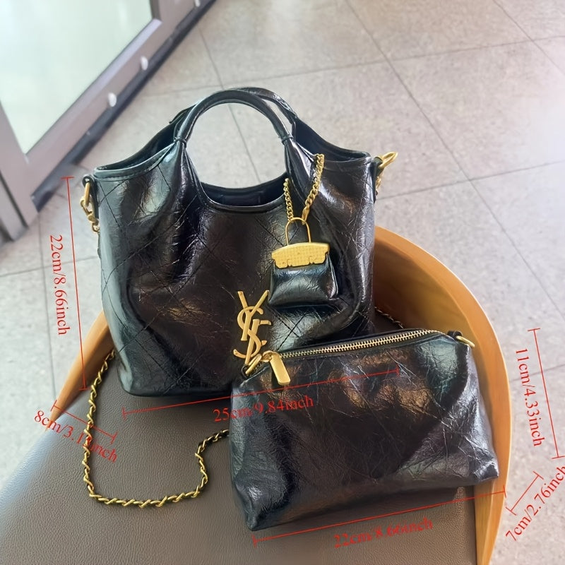 Women’s 2026  Luxury Chain-Link Convertible Handbag – Magnetic Closure Second-Layer Leather Tote with Polyester Lining, 10+ Styling Options (White/Black)