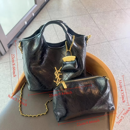 Women’s 2026  Luxury Chain-Link Convertible Handbag – Magnetic Closure Second-Layer Leather Tote with Polyester Lining, 10+ Styling Options (White/Black)