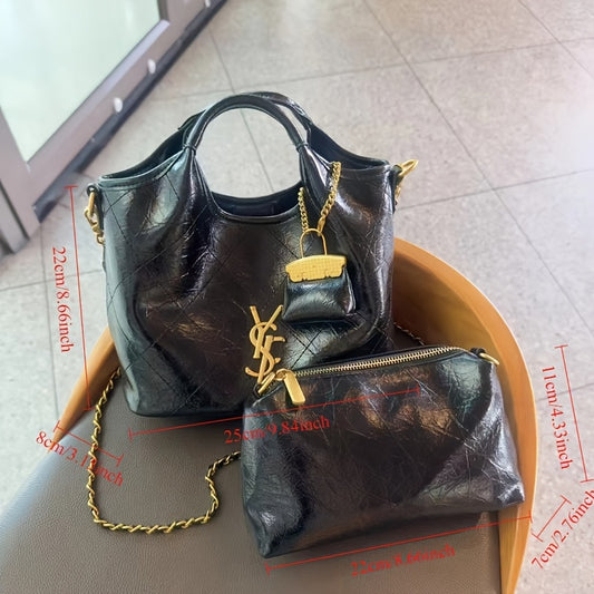 Women’s 2026  Luxury Chain-Link Convertible Handbag – Magnetic Closure Second-Layer Leather Tote with Polyester Lining, 10+ Styling Options (White/Black)