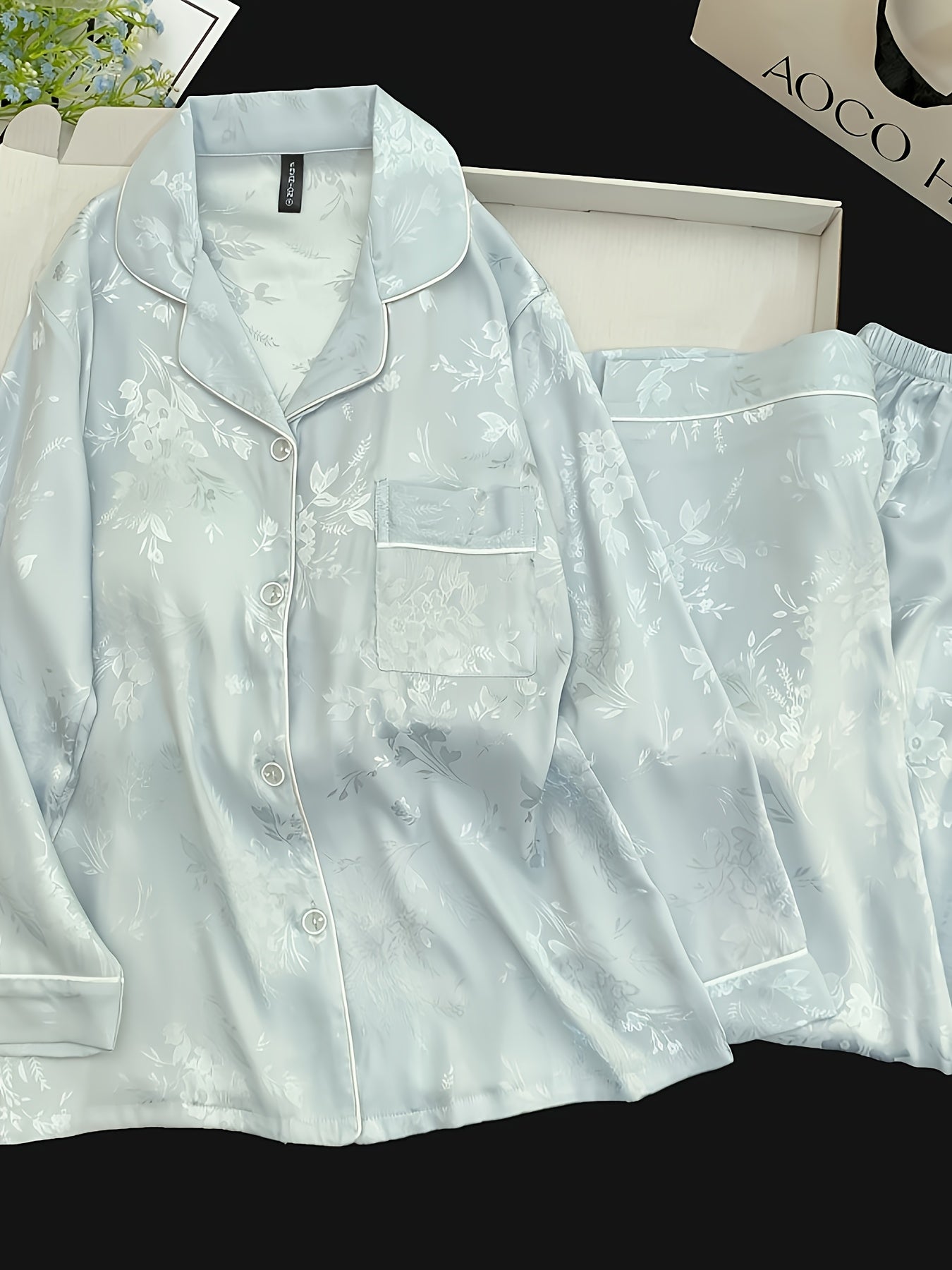 2025 Women’s Ice-Silky Fiber Two-Piece Set – Lightweight Long-Sleeve Top with Chest Pad & Loose Pants, Soft Summer Home Wear in Blue