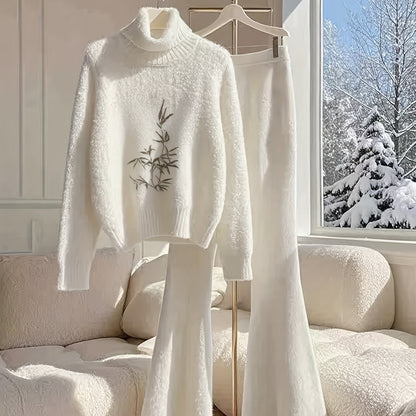 New Arrival Women’s High-Neck Top & Flared Pants Set – Chic White High-End Fashion Outfit