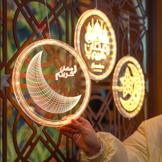 فوانيس رمضانية بتقنية LED - تصميم الخط العربي والهلال، تعمل بالبطارية، مصابيح معلقة داخلية/خارجية مع زر تحكم، فوانيس زخرفية