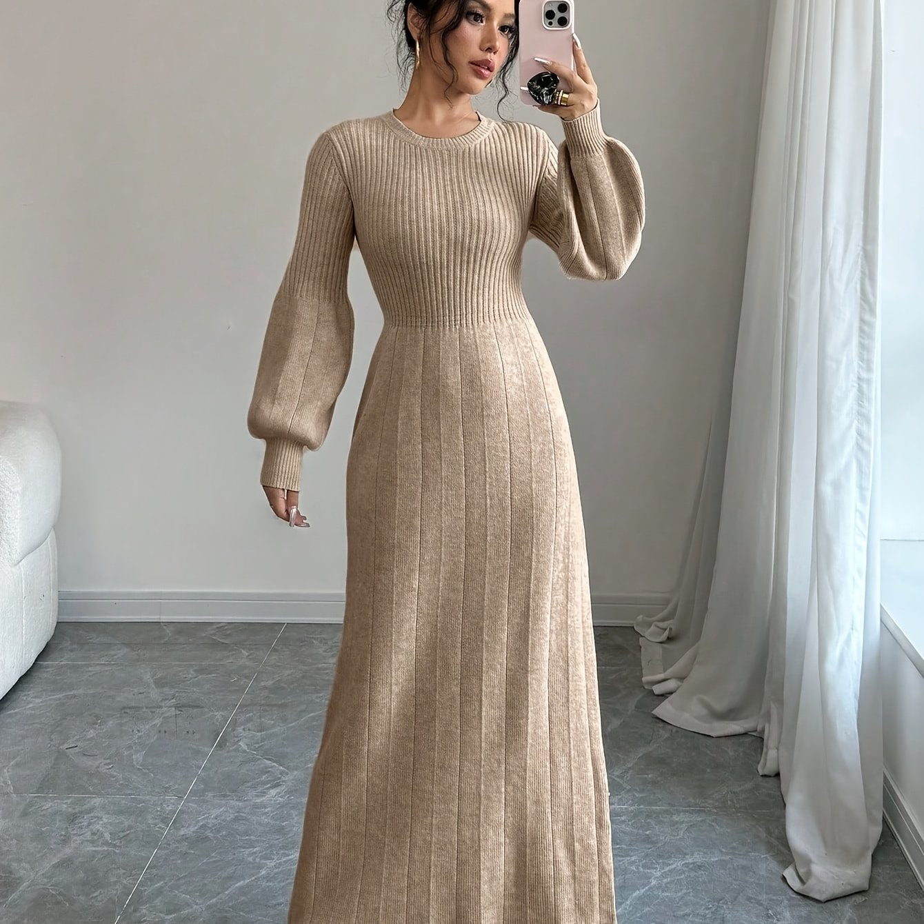 Elegant Beige High-Neck Sweater Dress with Lantern Sleeves – Long Ribbed Knit Dress for Fall & Winter, Casual Chic Women’s Fashion