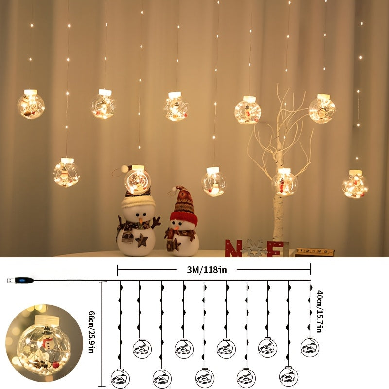 LED Christmas Curtain Lights – Wishing Ball & Snowman Hanging Decorations, Battery-Powered Indoor/Outdoor Holiday Light Set with Push-Button Control