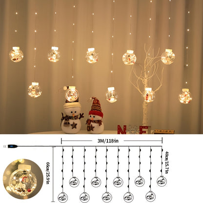LED Christmas Curtain Lights – Wishing Ball & Snowman Hanging Decorations, Battery-Powered Indoor/Outdoor Holiday Light Set with Push-Button Control