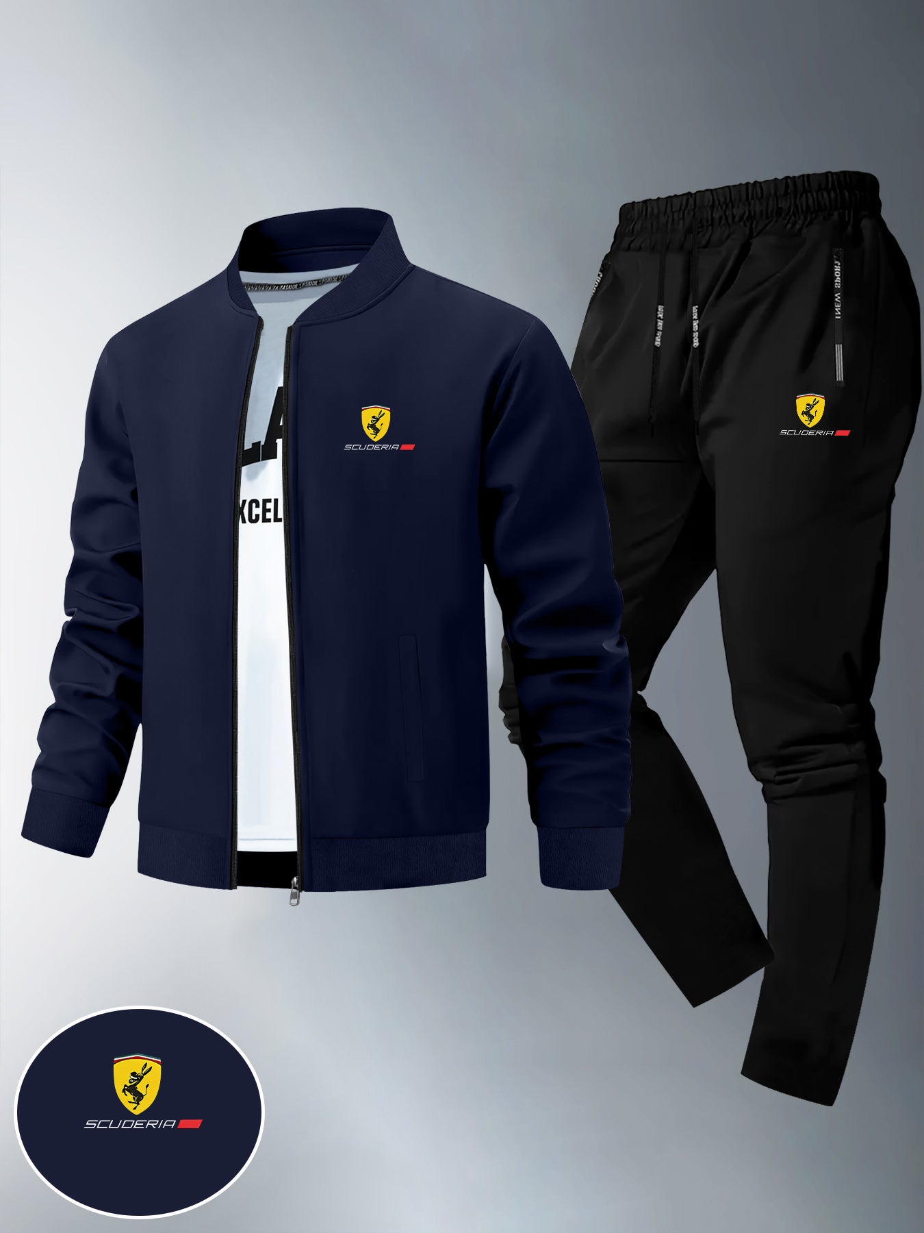 طقم من قطعتين يتكون من سترة ضيقة وبنطال رياضي طويل للرجال، يتميز بطبعات الفريق، ونمط بسحاب، مصنوع من قماش ناعم، مناسب للارتداء غير الرسمي في فصلي الخريف والشتاء.