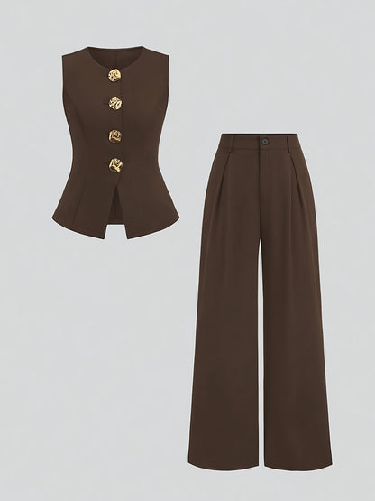 Women’s Elegant Waist-Cinching Vest & Wide-Leg Pants Set – Solid Button-Up Two-Piece Outfit for Office or Casual Wear