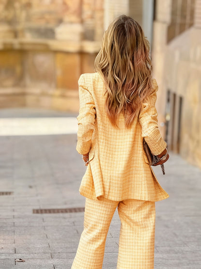 Women’s Two-Tone Plaid Blazer & Pants Set — Double-Breasted, Long Sleeve, Loose Fit, All-Season Wear