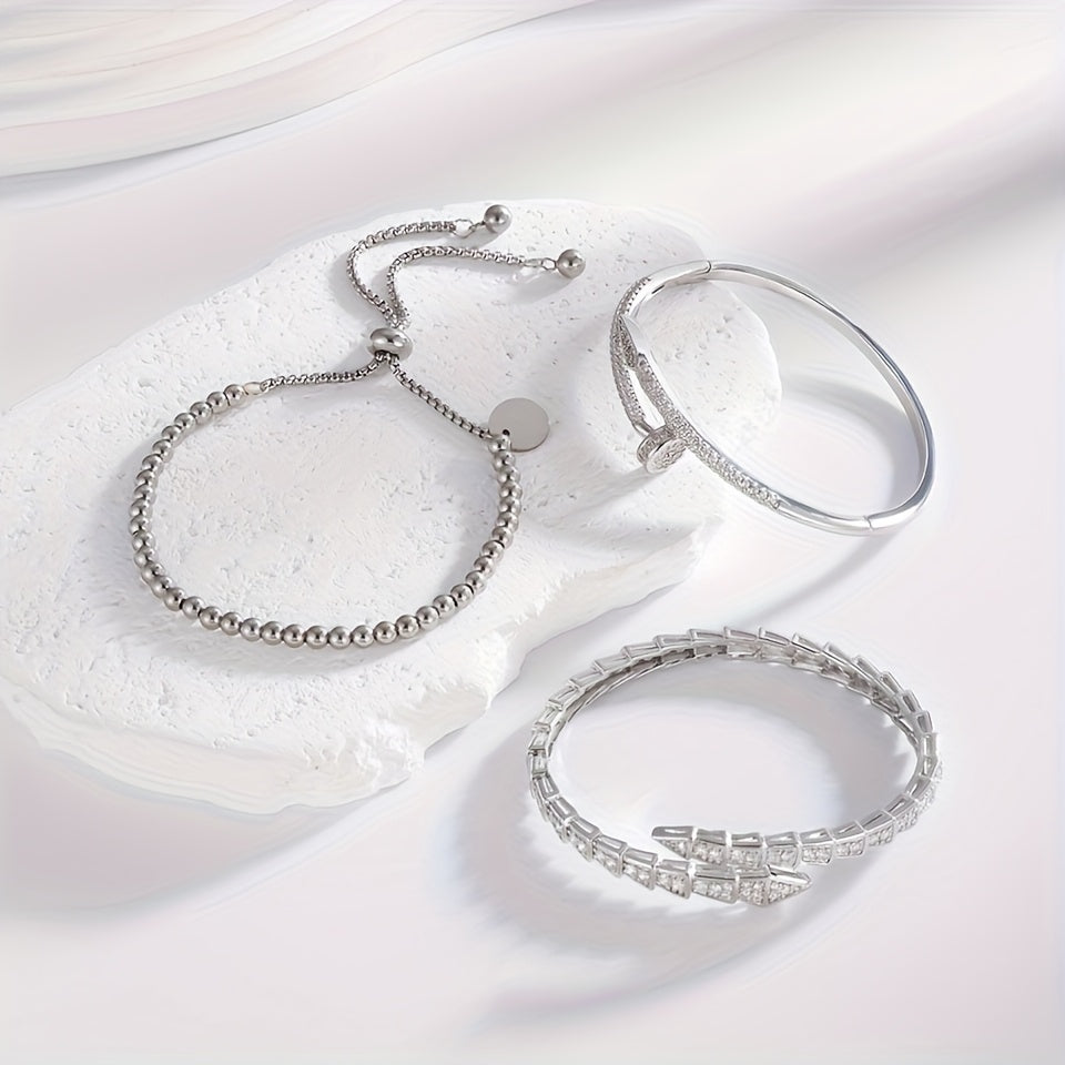 Exquisite Luxury Women'S Jewelry Set of 3, Elegant Style with Copper Plated Golden Inlaid Synthetic Zirconia Design Featuring Snake-Shaped Open Bracelet, Nail-Shaped Bracelet, and Round Bead Bracelet Suitable for Daily Wear a
