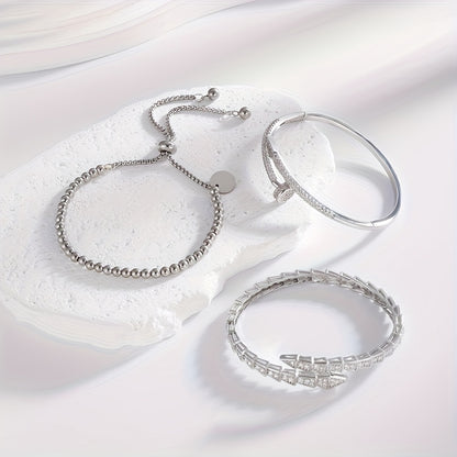 Exquisite Luxury Women'S Jewelry Set of 3, Elegant Style with Copper Plated Golden Inlaid Synthetic Zirconia Design Featuring Snake-Shaped Open Bracelet, Nail-Shaped Bracelet, and Round Bead Bracelet Suitable for Daily Wear a