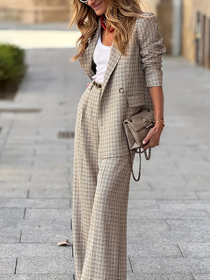 Women’s Two-Tone Plaid Blazer & Pants Set — Double-Breasted, Long Sleeve, Loose Fit, All-Season Wear