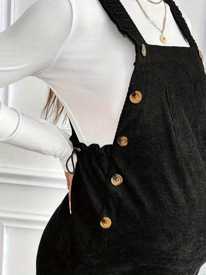 Women’s Maternity Oversized Trousers – Full-Length Corduroy-Style Pregnancy Pants with Adjustable Drawstring Waist & Golden-Tone Buttons