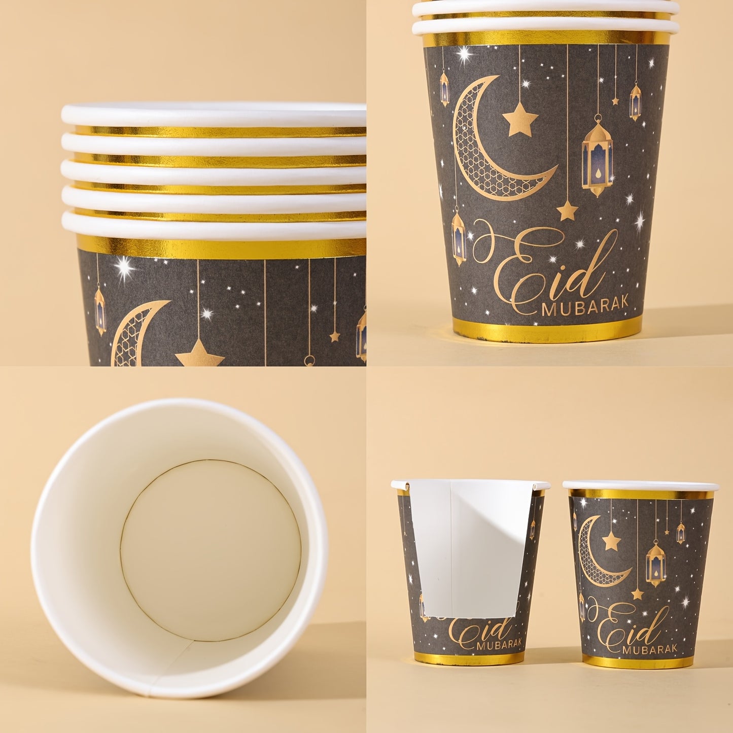 20pcs/40pcs/60pcs Black & Golden Elegant Eid Mubarak Party Disposable 9Oz Paper Cups with Golden Edge | Golden Foil Moon Star Lantern Print, Ideal for Ramadan Kareem Festival Gatherings Valentine Easter