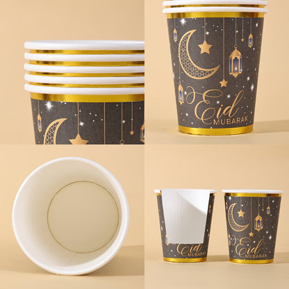 20pcs/40pcs/60pcs Black & Golden Elegant Eid Mubarak Party Disposable 9Oz Paper Cups with Golden Edge | Golden Foil Moon Star Lantern Print, Ideal for Ramadan Kareem Festival Gatherings Valentine Easter