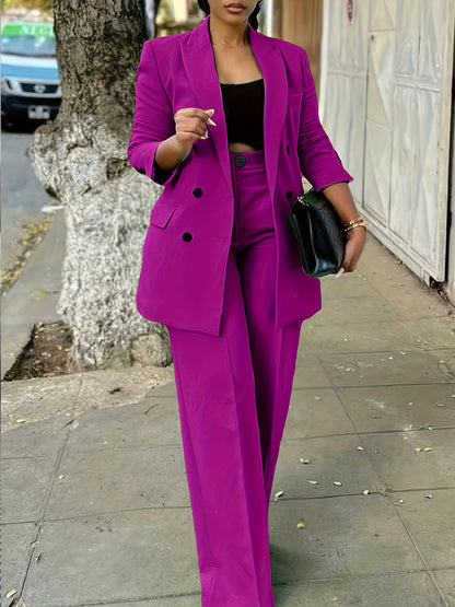 Women's Casual Double-Breasted Blazer and Straight-Leg Pants Suit Set