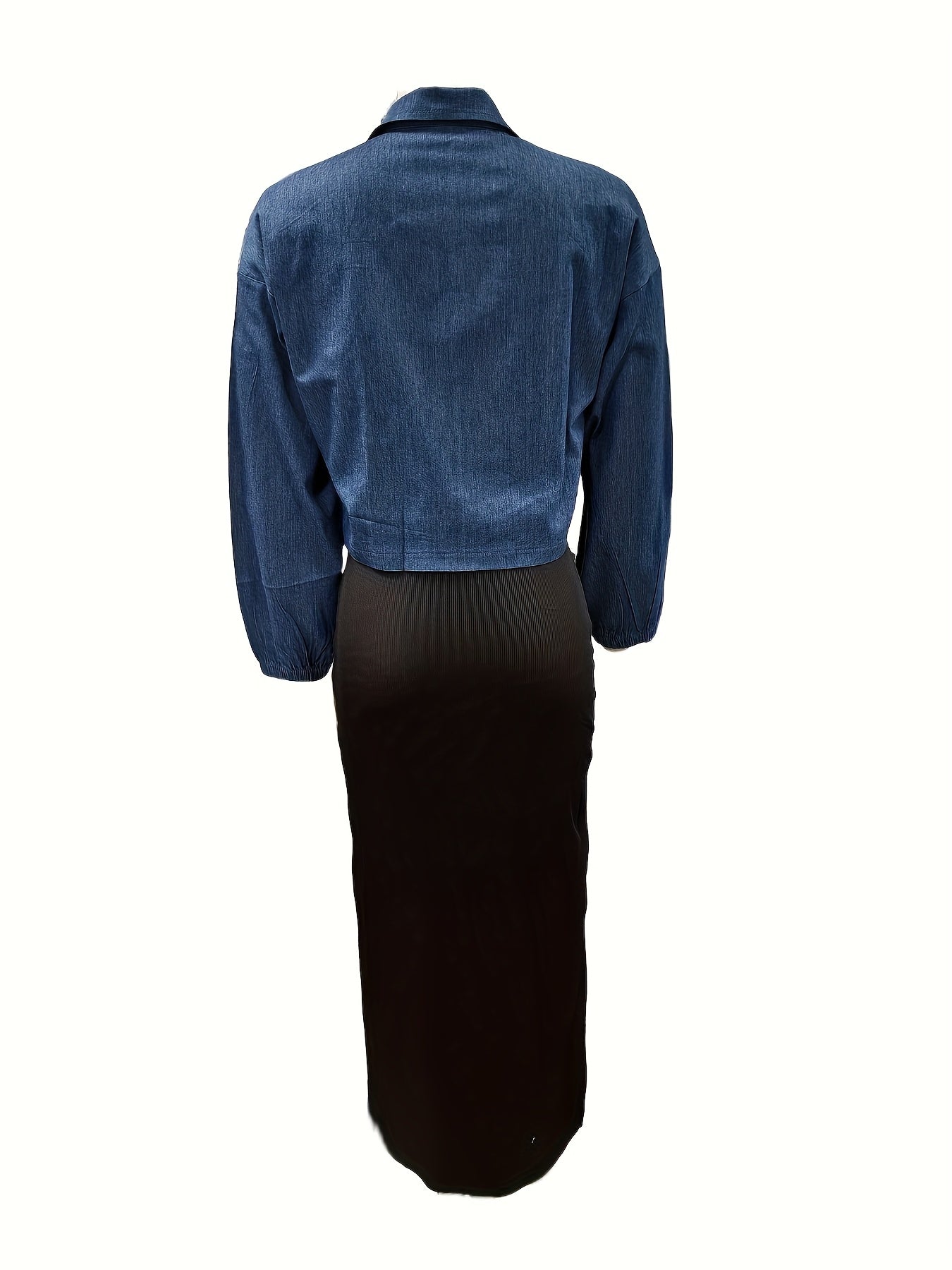 طقم بليزر وفستان نسائي من مجموعة Y2K بألوان متعددة - جاكيت أزرق بأكمام طويلة وسحاب مع فستان بيج بدون أكمام بقصة ضيقة، مناسب للمكتب والشارع في الربيع/الخريف