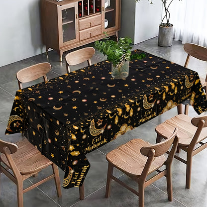 1pc,Moon Star Lantern Eid Mubarak Tablecloth,130*220cm PE Tablecover,Black Gold Table Cloth,Ramadan Decoration for Home,Eid Al-Fitr Gifts,Islamic Muslim Party Supplies,Ramadan Kareem Eid Al Adha Table Decoration