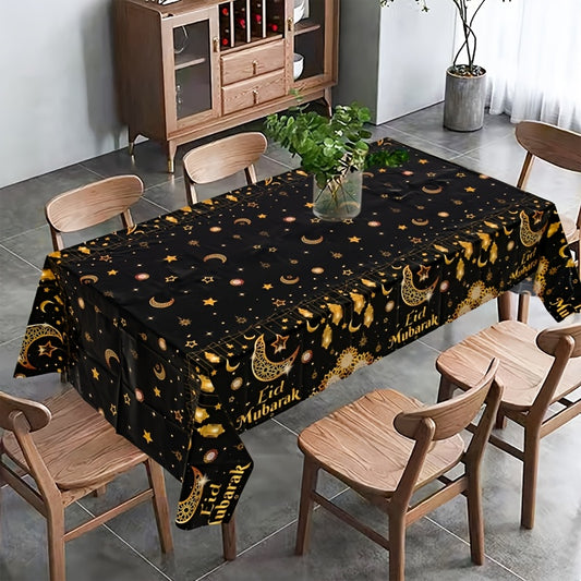 1pc,Moon Star Lantern Eid Mubarak Tablecloth,130*220cm PE Tablecover,Black Gold Table Cloth,Ramadan Decoration for Home,Eid Al-Fitr Gifts,Islamic Muslim Party Supplies,Ramadan Kareem Eid Al Adha Table Decoration