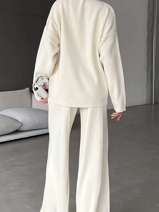 Women’s 2-Piece Knit Sweater Set – High Neck Long Sleeve Pullover & Matching Pants, Soft Viscose Blend, Cozy Autumn/Winter Outfit