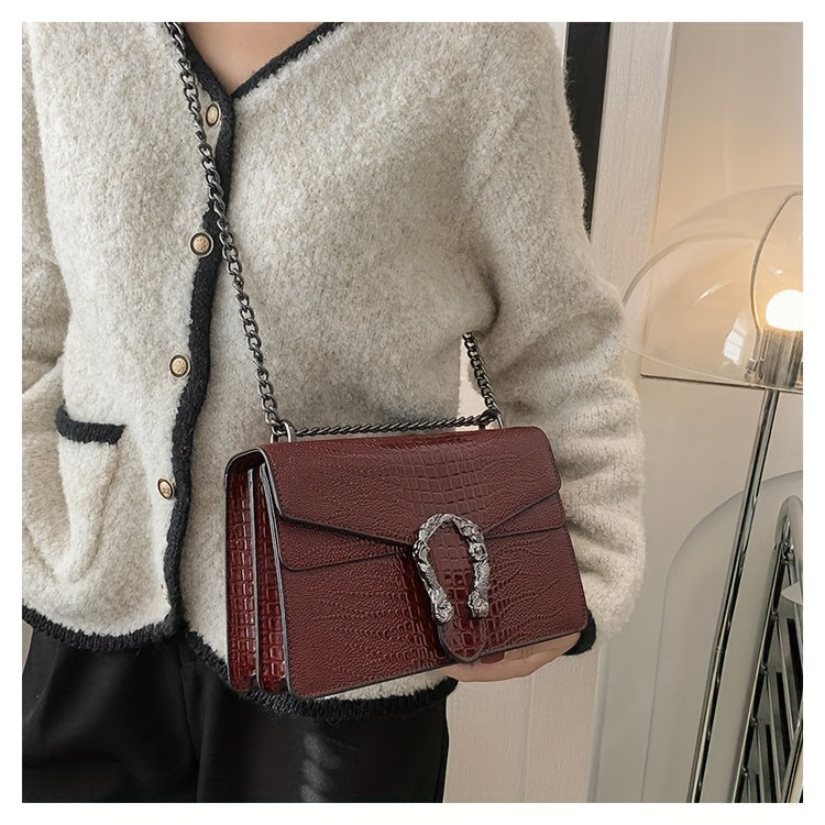 Women’s Luxury Crocodile-Embossed Crossbody Bag – Vintage Faux Leather Shoulder Purse with Adjustable Chain Strap, Zipper & Snap Closure, G-Style Design