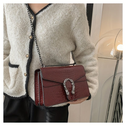 Women’s Luxury Crocodile-Embossed Crossbody Bag – Vintage Faux Leather Shoulder Purse with Adjustable Chain Strap, Zipper & Snap Closure, G-Style Design