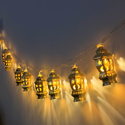LED Ramadan Light String, 1.65 Meters 10 Lights Golden Star and Moon Light String, Golden Palace Lamp Battery Model Without Batteries, Eid al-Fitr Stars and Moons Decorative Lights, Muslim Festival Party Decoration, Home Deco