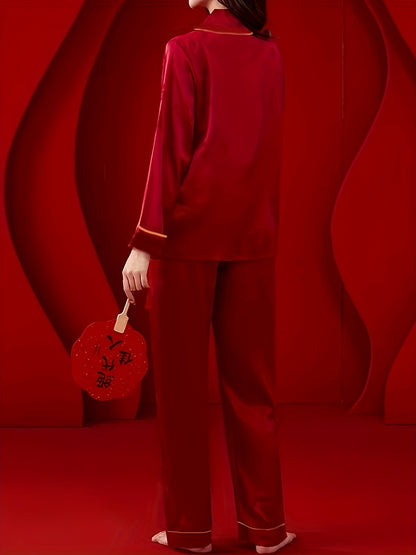 Women’s Elegant Red Heart-Pattern Pajama Set – Soft Long-Sleeve Top & Pants with Lapel Collar and Button Details for Spring/Fall