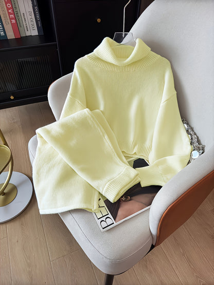 طقم ملابس تريكو نسائي لفصل الخريف والشتاء - فستان طويل فضفاض مع سترة بياقة عالية، بلون واحد