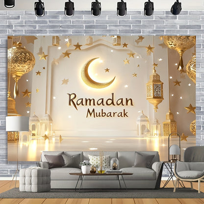 خلفية رمضان مبارك من البوليستر - طباعة مسطحة ثنائية الأبعاد مع فوانيس ذهبية وهلال ونجوم، سهلة التعليق، لا تحتاج إلى كهرباء، مثالية لحفلات الزفاف وأعياد الميلاد وحفلات التخرج وتزيين المنازل والحفلات، ديكور إسلامي