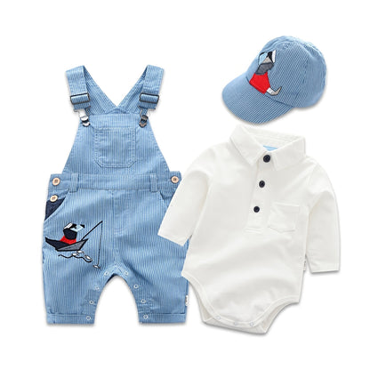 Baby Boys’ Puppy Print Overall Set – Long-Sleeve Jumpsuit with Matching Hat, Solid-Color Multi-Piece Outfit for Spring/Autumn Outdoor Wear (3–24 Months)