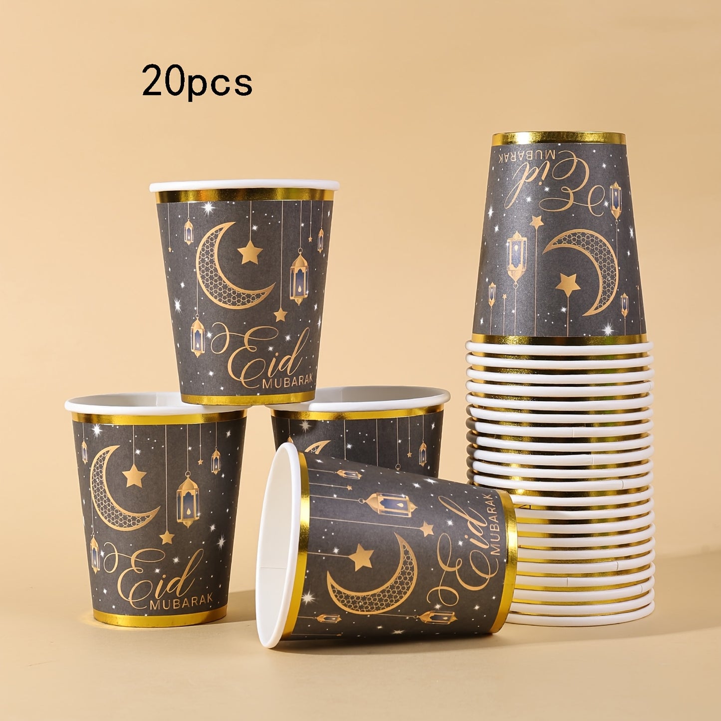 20pcs/40pcs/60pcs Black & Golden Elegant Eid Mubarak Party Disposable 9Oz Paper Cups with Golden Edge | Golden Foil Moon Star Lantern Print, Ideal for Ramadan Kareem Festival Gatherings Valentine Easter