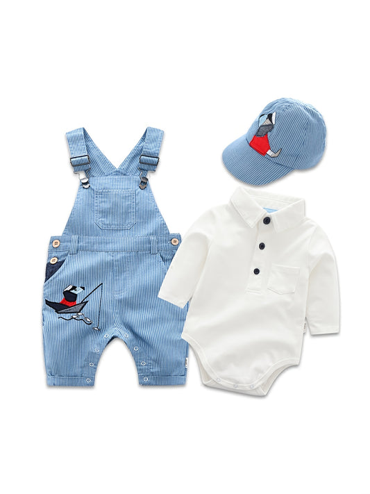 Baby Boys’ Puppy Print Overall Set – Long-Sleeve Jumpsuit with Matching Hat, Solid-Color Multi-Piece Outfit for Spring/Autumn Outdoor Wear (3–24 Months)